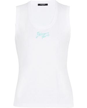 Balmain Relaxed Tank Top With Paris Brush Print - White
