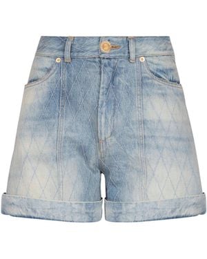 Balmain Short Diamond Denim Shorts - Blue