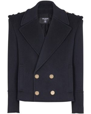 Balmain Cropped Wool Reefer Jacket - Blue
