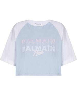 Balmain Cropped T-Shirt With Paris Print - Blue