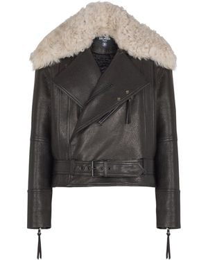 Balmain Leather Jacket With Shearling Collar - Black