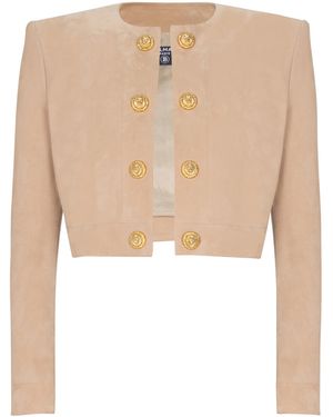 Balmain Cropped Suede Leather Jacket - White