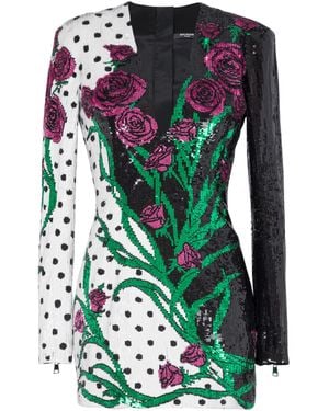 Balmain Short Embroidered Roses And Polka Dots Dress - Green