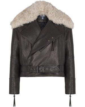 Balmain Leather Jacket With Shearling Collar - Black