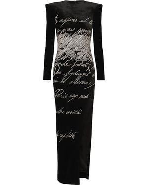 Balmain Long-Sleeve Love Letter Embroidered Slit Maxi Dress - Black