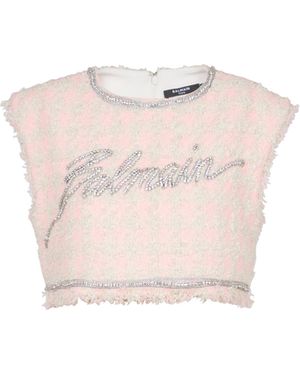 Balmain Short-Sleeve Paris Embroidered Crop Top - Pink