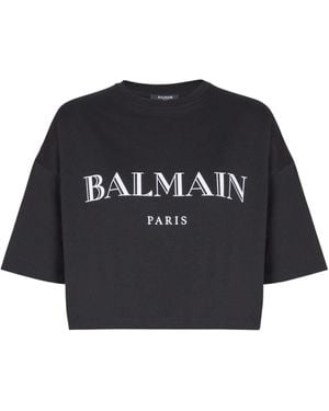 Balmain Boxy Cropped T-Shirt With Print - Black
