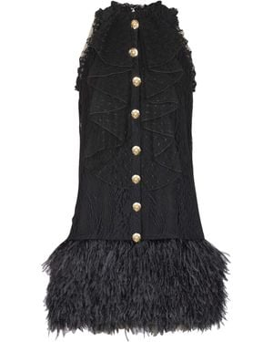 Balmain Flowing Lace And Feather Dress - Black