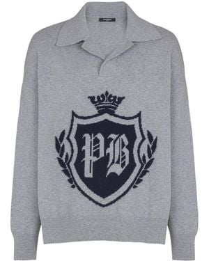 Balmain University Emblem Polo Sweater - Grey