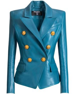 Balmain Leather 6-Button Jacket - Blue