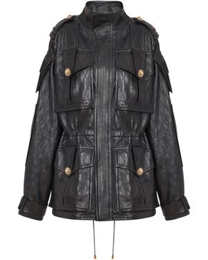 Balmain Lambskin Leather Parka With Topstitched Diamond Pattern - Black