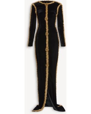 Balmain Long Velvet Dress With Embroidered Trim - Black