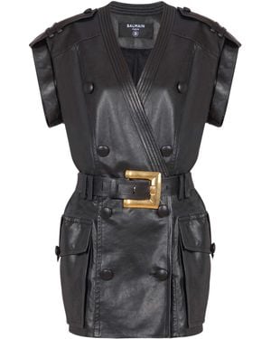 Balmain Lambskin Leather Short Belted Dress - Black