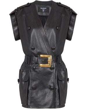 Balmain Lambskin Leather Short Belted Dress - Black