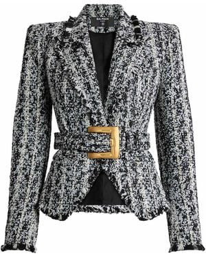 Balmain Two-Tone Tweed Belted Jacket - Black