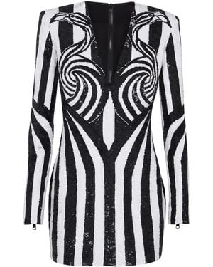 Balmain Ls Embroidered Stripe Short Dress - Black