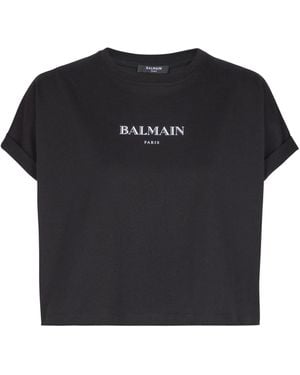 Balmain Cropped T-Shirt With Print - Black