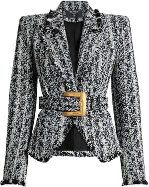 Balmain Two-Tone Tweed Belted Jacket - Black
