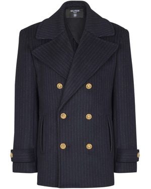 Balmain Short Striped Wool Pea Coat - Blue