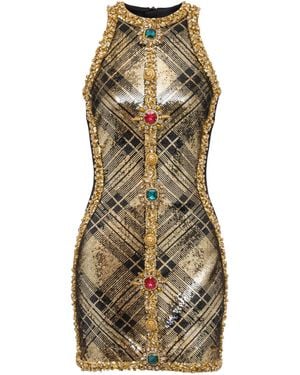 Balmain Short Sleeveless Dress With Plaid Embroidery - Natural