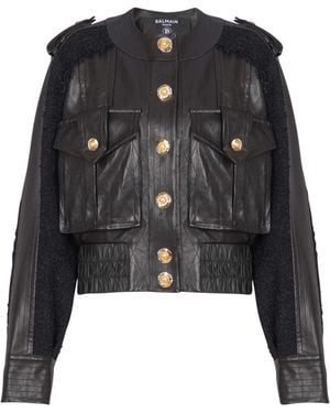 Balmain Tweed And Leather Bomber Jacket - Black
