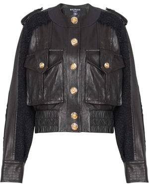 Balmain Tweed And Leather Bomber Jacket - Black