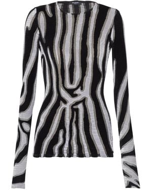 Balmain Zebra-Print Velvet Bodycon Top - Black