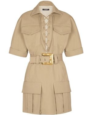 Balmain Short Cotton Gabardine Lace-Up Dress - Natural