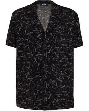 Balmain Pajama Shirt With All-Over Label Print - Black