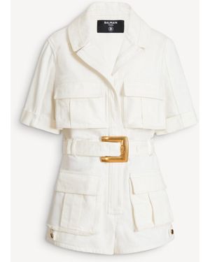 Balmain Belted Denim Playsuit - White