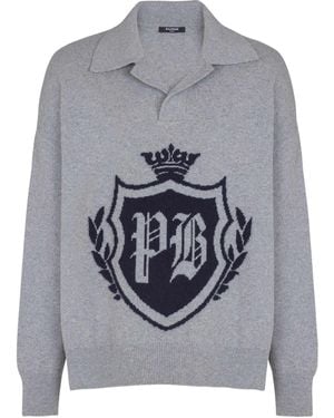 Balmain College Emblem Polo Sweater - Gray