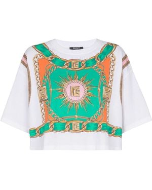 Balmain Cropped T-Shirt With Foulard Print - Green