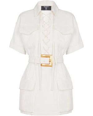 Balmain Short Lace-Up Canvas Dress - White