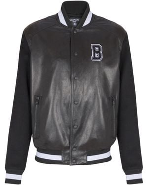 Balmain Varsity Lambskin Leather And Wool Jacket - Black