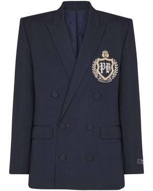 Balmain Wool Blazer With Crystal Patch - Blue