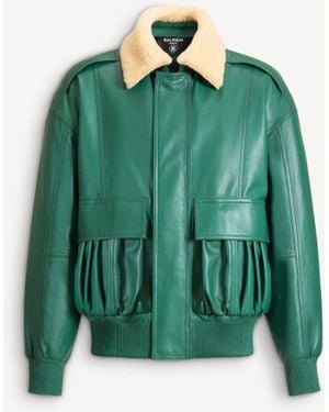 Balmain Shearling Leather Bomber Jacket - Green