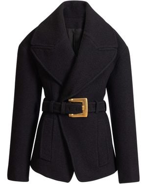 Balmain Belted Wool Pea Coat - Black