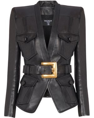 Balmain 1-Button Belted Leather Jacket - Black