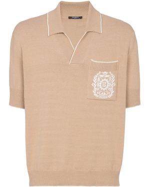 Balmain Écusson Embroidered Knit Polo Shirt - Natural