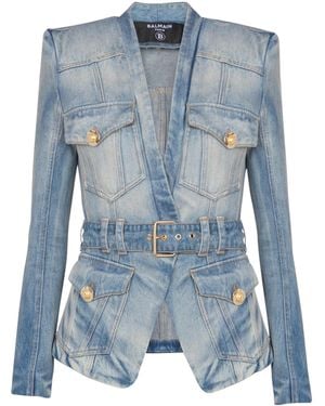 Balmain 1-Button Belted Denim Jacket - Blue