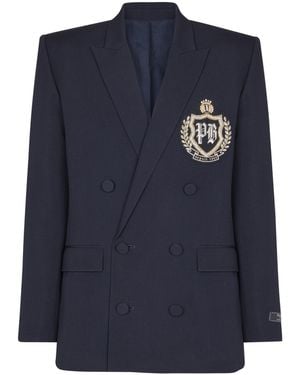 Balmain Wool Blazer With Crystal Patch - Blue