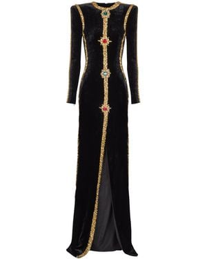 Balmain Langes Samtkleid Mit Stickereien - Schwarz