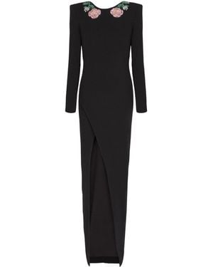 Balmain Long Backless Dress With Roses Embroidery - Black