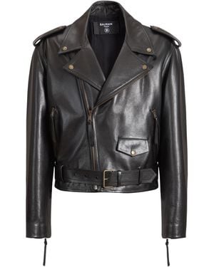Balmain Textured Leather Biker Jacket - Black