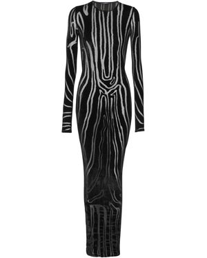 Balmain Long Zebra-Print Velvet Dress - Black