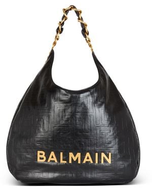 Balmain 1945 Soft Hobo Crinkled Leather Tote Bag With Monogram - Black