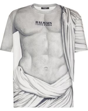 Balmain Logo T-Shirt With Statue Print - Grey