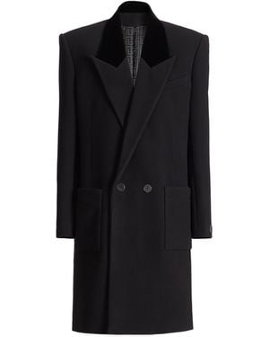 Balmain Long Wool And Velvet Coat - Black