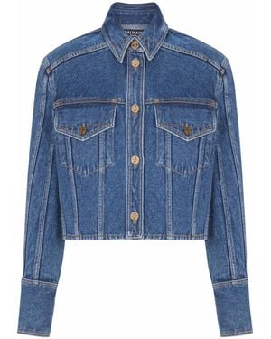 Balmain Cropped Faded Denim Jacket - Blue