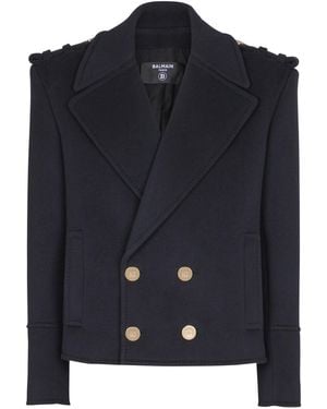Balmain Cropped Wool Reefer Jacket - Blue